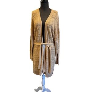 Fat Face UK Tan Beige Pointelle Crochet Knit Long Cardigan Belted Sweater USA 10